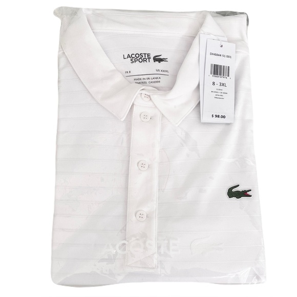 NWT Lacoste Sport White on White Textured Striped Golf Polo Shirt, Size 3XL - Picture 3 of 5